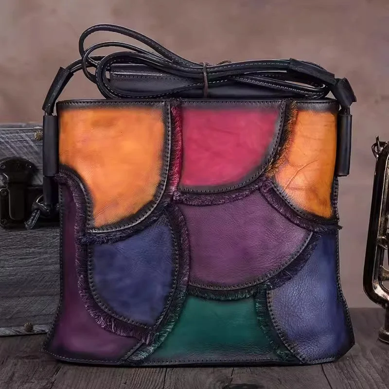 Boho Women's Small Crossbody Purse Multicolor Spliced Leather Shoulder Bag