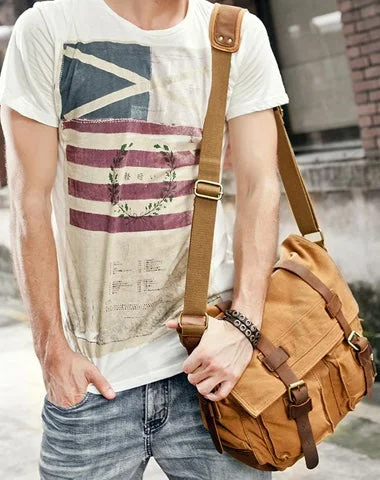 Canvas Leather Mens Vintage 14" Brown Travel Side Bag Black Messenger Bag Blue Shoulder Bag for Men