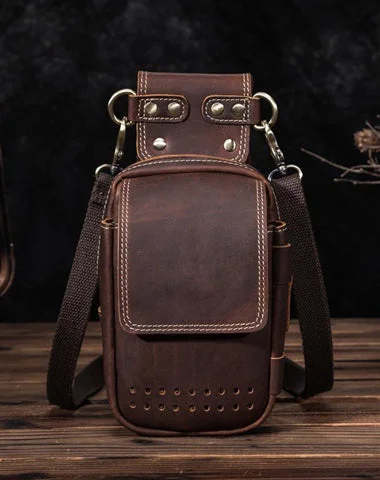 Cool Brown Leather Men's Cell Phone Holster Small Side Bag Mini Messenger Bag For Men