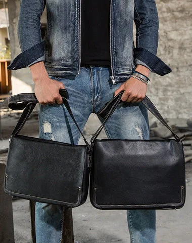 Cool Leather Black Mens Side Bag Messenger Bags Vintage Courier Bag for Men