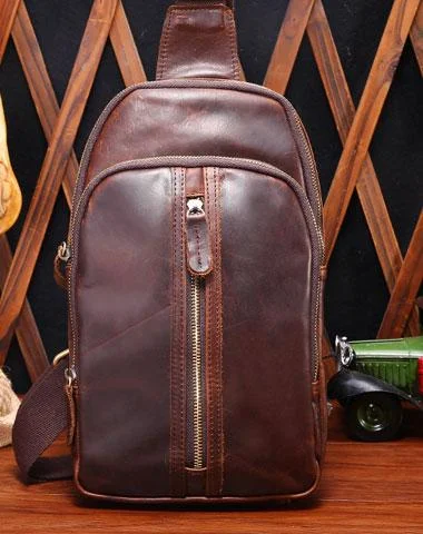 Cool Mens Red Brown Leather Chest Bag Sling Bag Crossbody Sling Bag For Men