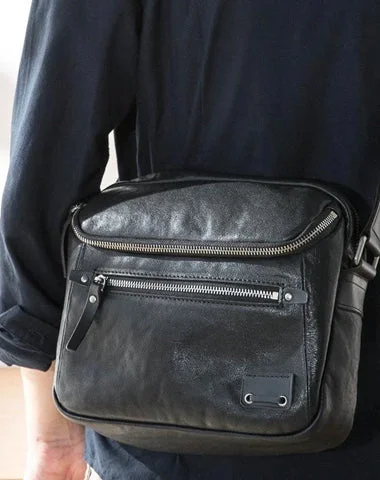 Casual Black Leather Mens 10 inches Postman Bag Black Courier Bag Messenger Bags Side Bag for Men