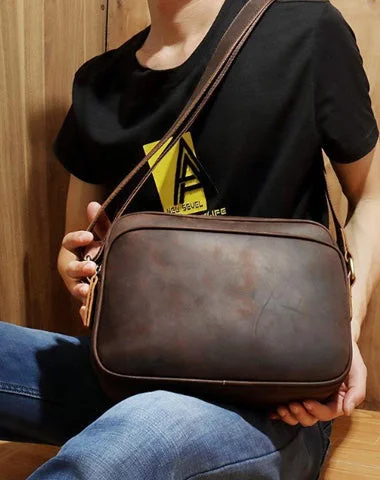 Coffee Leather Small Mens Messenger Bag Side Bag Vintage Brown Courier Bag For Men