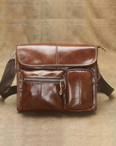 Oil Waxed Brown Leather Men's Small Messenger Bag Coffee Small Side Bag For Men