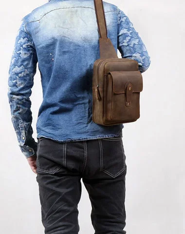 Genuine Leather Mens Cool Chest Bag Sling Bag Crossbody Bag Travel Bag Hiking Bag for men