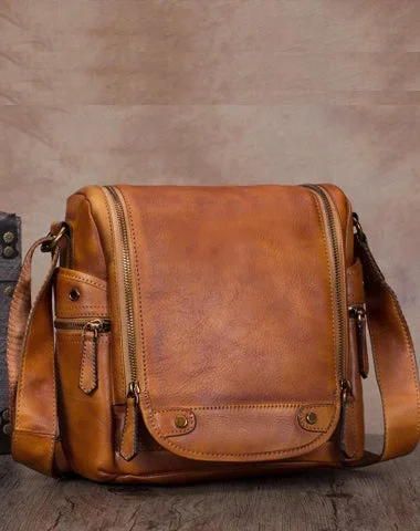 Brown Mens Vintage Vertical Small Messenger Bag Black Leather Side Bag Couier Bag for Men