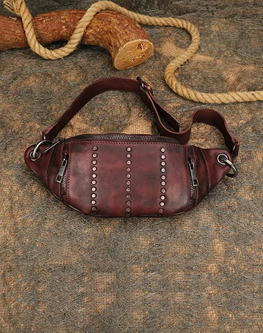 Vintage Women Coffee Leather Rivet Waist Bag Fanny Pack Handmade Shoulder Rivet Hip Packs for Women