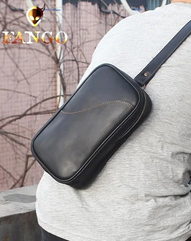 Genuine Black Leather Mens Cool Sling Pack Chest Bag Sling Bag Crossbody Pack for men