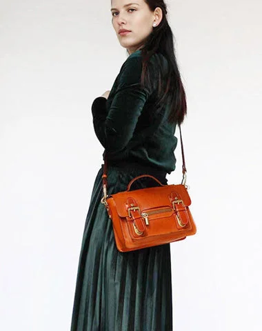 Womens Brown Small Leather Satchel Crossbody Bag Vintage School Handbag Shoulder Bag for Ladies