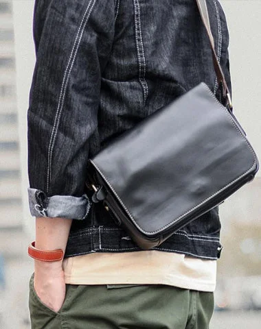 Cool Black Leather Mens Small Courier Bags Black Messenger Bags Brown Postman Bags For Men