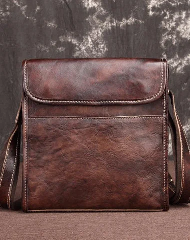 Vintage Brown Leather Men's Small Vertical Messenger Bag Side Bag Courier Bag For Men