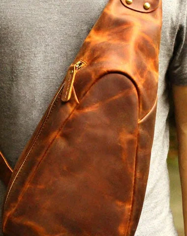 Genuine Leather Mens Cool Chest Bag Sling Bag Crossbody Bag Travel Bag Hiking Bag for men