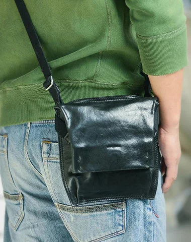 Cool Black Wrinkled Leather Men Vertical Square Side Bags Black Messenger Bag Courier Bag For Men