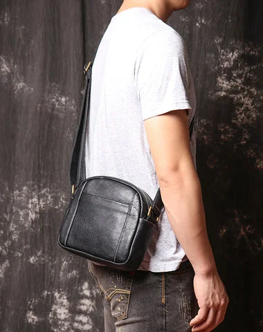 Men's Black Leather Small Messenger Bag Small Side Bag Black Courier Bag For Men