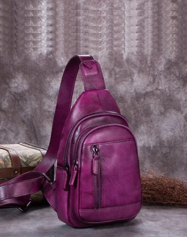 Purple Womens Leather Sling Bag Brown Chest Bags Purple One Shoulder Backpack for ladies