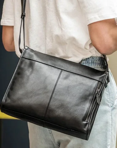 Fashion Black Leather Mens 12 inches Side Bag Messenger Bags Black Postman Bag Courier Bag for Men