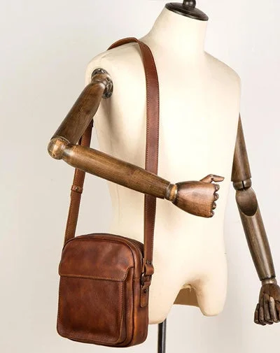 Vintage Brown Leather Small Vertical Postman Bag Messenger Bag Courier Bag for Men