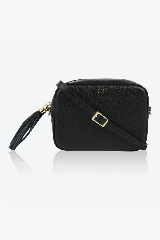 Personalised Leather Cross Body Messenger Bag - Black Pebble with Gold Hardware