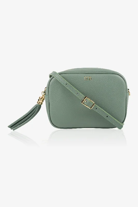 Personalised Leather Cross Body Messenger Bag - Sage Pebble with Gold Hardware