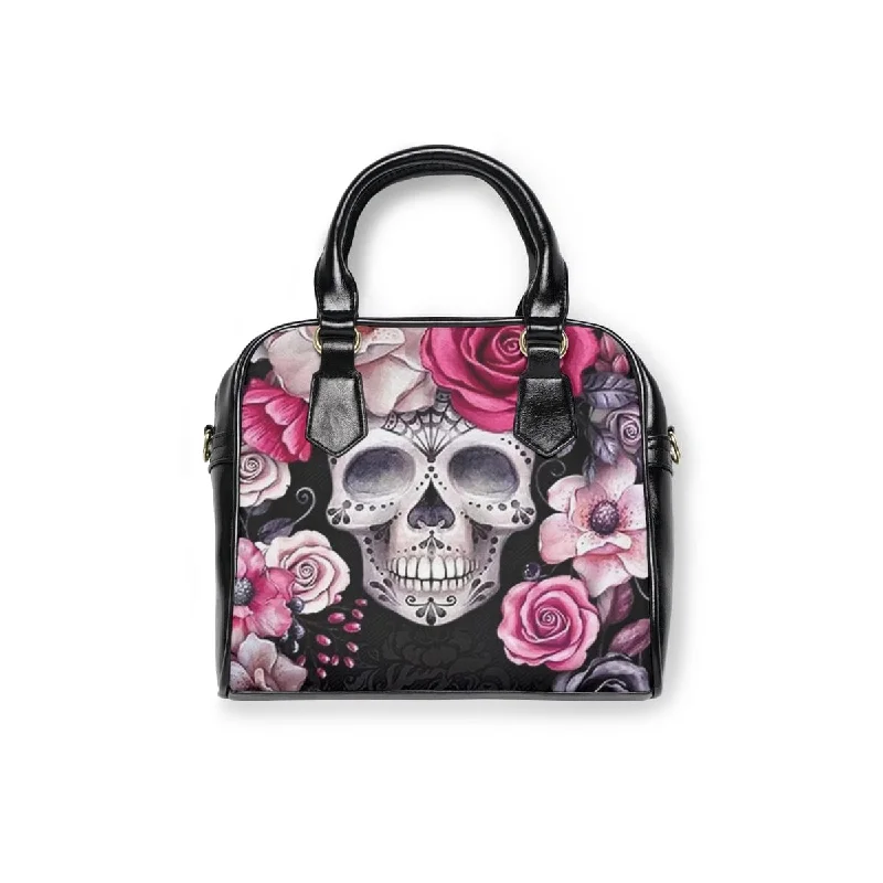 Skull Pink Floral Shoulder Handbag