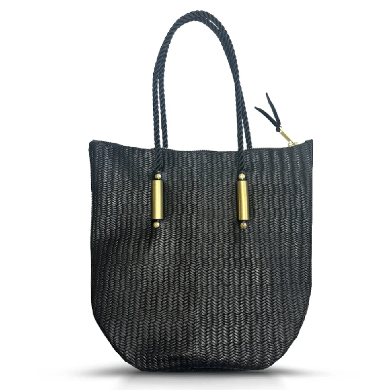 Zip Tote in Black Basketweave Leather