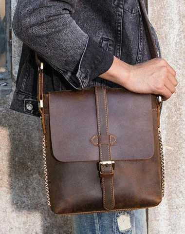 Dark Brown Casual Leather Mens 10 inches Vertical Side Bag Postman Bag Brown Messenger Bag Courier Bag for Men