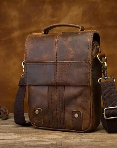 Vintage Brown Leather Mens Small Vertical Side Bags Courier Bag Messenger Bag For Men