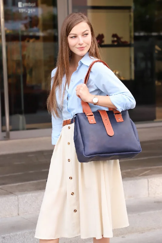 Leather large Blue women handbag: "Tyber"