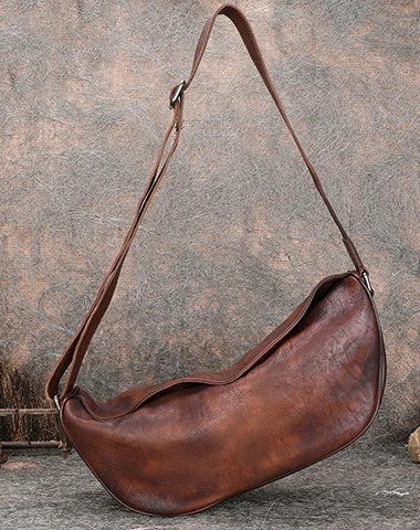 Vintage Brown Mens Sling Bag Leather Saddle Chest Bag Shoulder Purse Crossbody Pack for Men