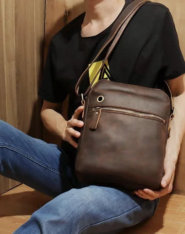 Casual Dark Coffee Leather Messenger Bag Men's 8 inches Side Bag Vertical Phone Bag Courier Bag For Men