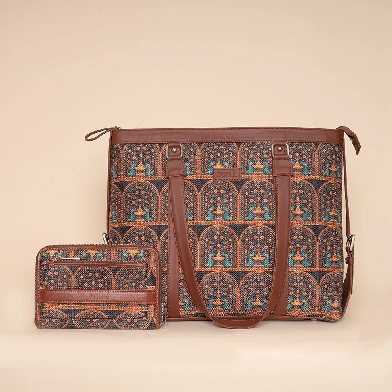 Royal Indian Peacock Motif - Office Bag & Classic Zipper Wallet Combo