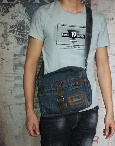 Denim Blue Mens Small Messenger Bag Blue Jean Postman Bag Courier Bag For Men