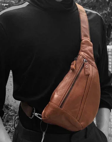 Fashion Brown Leather Men's Sling Bags Chest Bag Fashion Brown One shoulder Backpack Sling Bag For Men