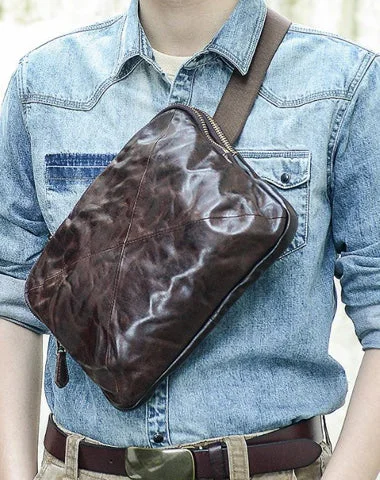 Cool Black Leather Men 10 inches Chest Bag Messenger Bag Courier Bags Postman Bag For Men