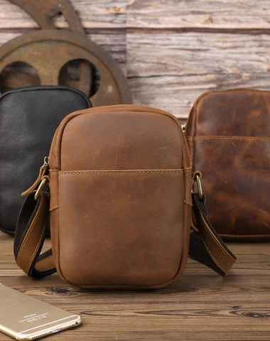 Black LEATHER MEN'S Small Side bag Brown Vertical Phone Bag MESSENGER BAG Courier Bag FOR MEN