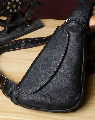 Genuine Black Leather Mens Cool SLing Pack Chest Bag Black Sling Bag Crossbody Bag Pack for men