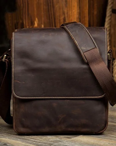 Dark Brown Cool Leather 10 inches Small Vertical Side Bags Messenger Bags Courier Bag for Men