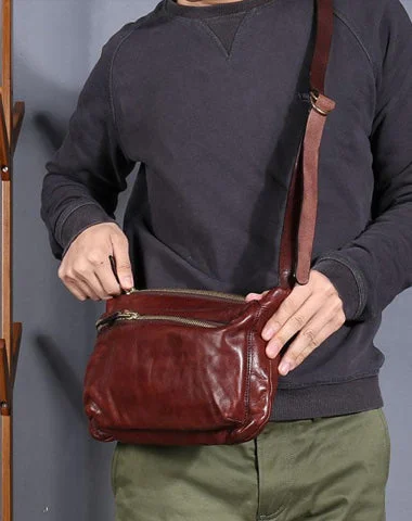 Vintage Black Leather Mens Cool Small Side Bag Messenger Bag Brown Postman Courier Bag for Men