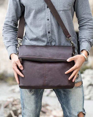 Brown Cool Leather Mens 11 inches Side Bags Messenger Bags Khaki Leather Courier Bag for Men