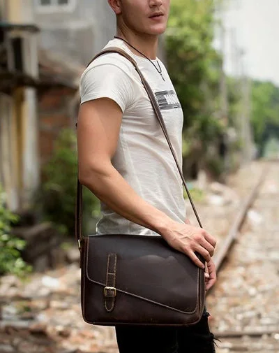 Cool Coffee Leather 13 inches Mens Small Postman Bag Messenger Bag Courier Bag for Men