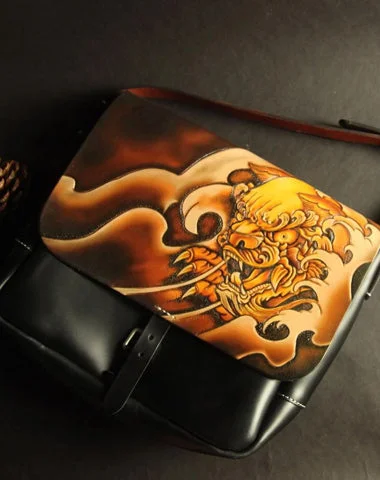 Handmade Black Tooled Chinese Lion Leather Courier Bag Messenger Bag For Men