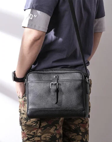 Casual Black Leather MENS Small Side Bag Black Messenger Bag Leather Courier Bag For Men