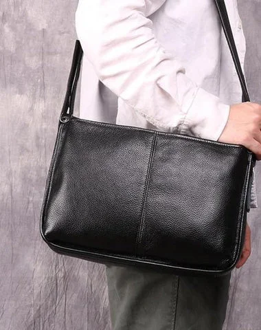 Casual Fashion Black Leather Men's Side Bag Courier Bag Black Vertical Messenger Bag For Men