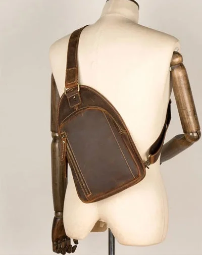 Vintage Brown Leather Mens Sling Bag Cool Crossbody Pack Chest Bags for men