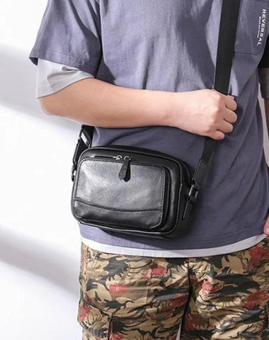 Casual Black Leather MENS Small Side Bags Black Messenger Bag Leather Courier Bag For Men