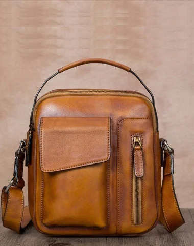 Brown Leather Mens Small Vertical Courier Bag Messenger Bag Postman Bag Vintage Leather Side Bag for Men