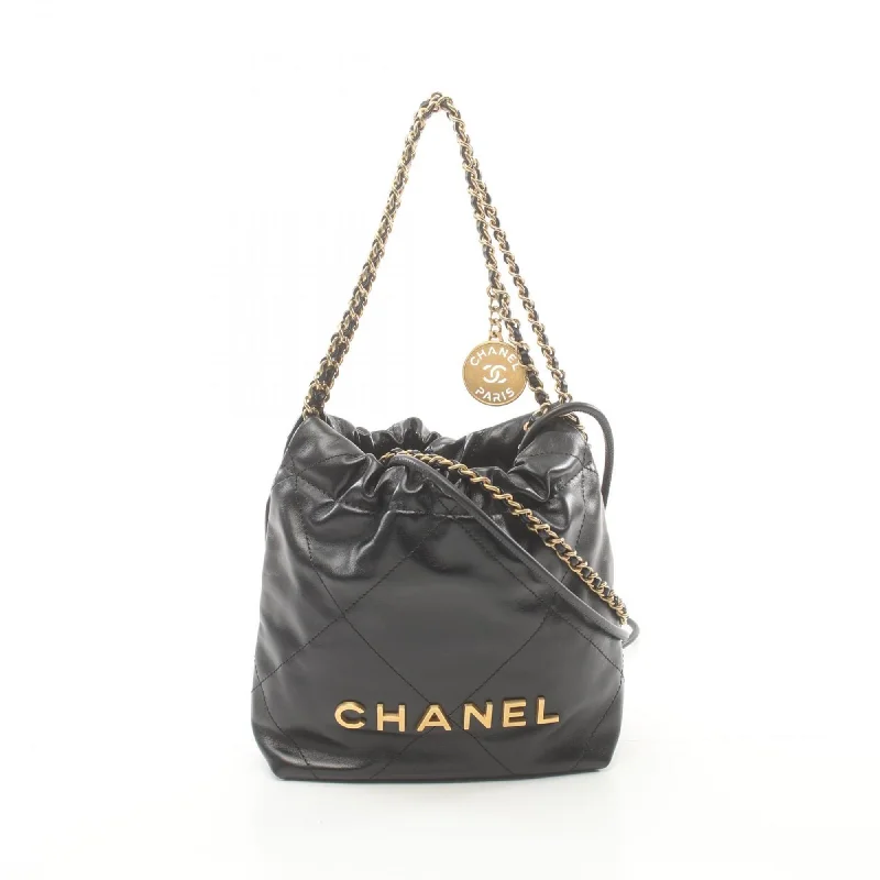 CHANEL 22 Lace Patchwork Shoulder Bag Leather Women's Black AS3980