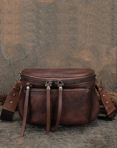 Coffee Leather Womens Saddle Shoulder Bag Fanny Pack Handmade Crossbody Purse for Ladies