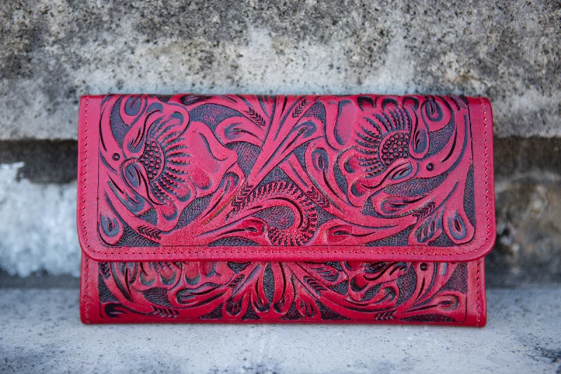 Trifold Floral Leather Wallet Red