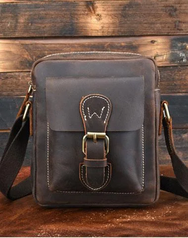 Cool Dark Brown Leather Mens Small Messenger Bags Cool Side Bag Tablet Messenger Bag for men